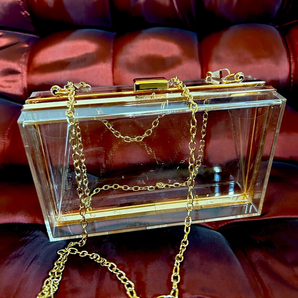 Clear box shoulder bag with faux gold chain